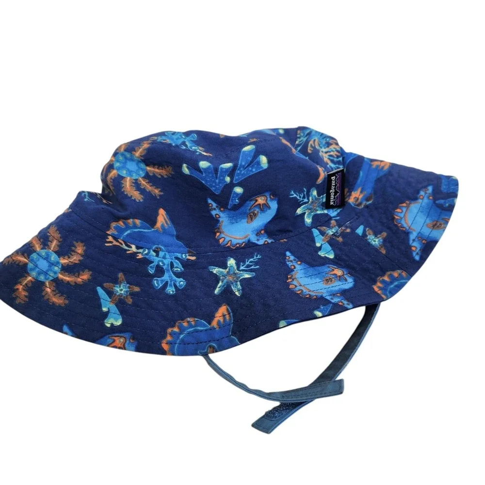 Patagonia Sun Hat Unisex 6-12M Blue Fish Print Wide Brim Summer Beach Ocean